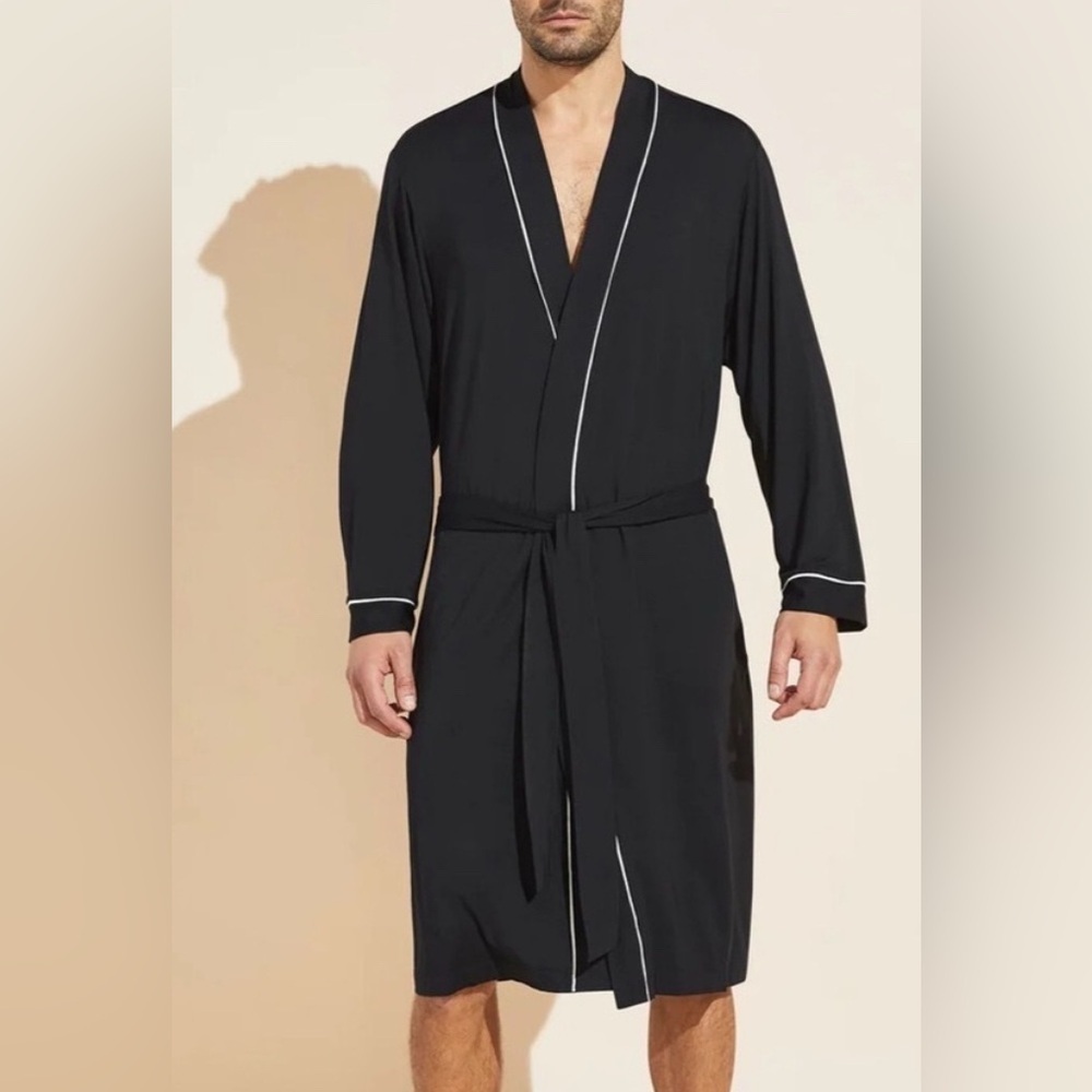 Eberjey William Black Ivory tuxedo Tencel Lounge Nightwear Long Robe L mens